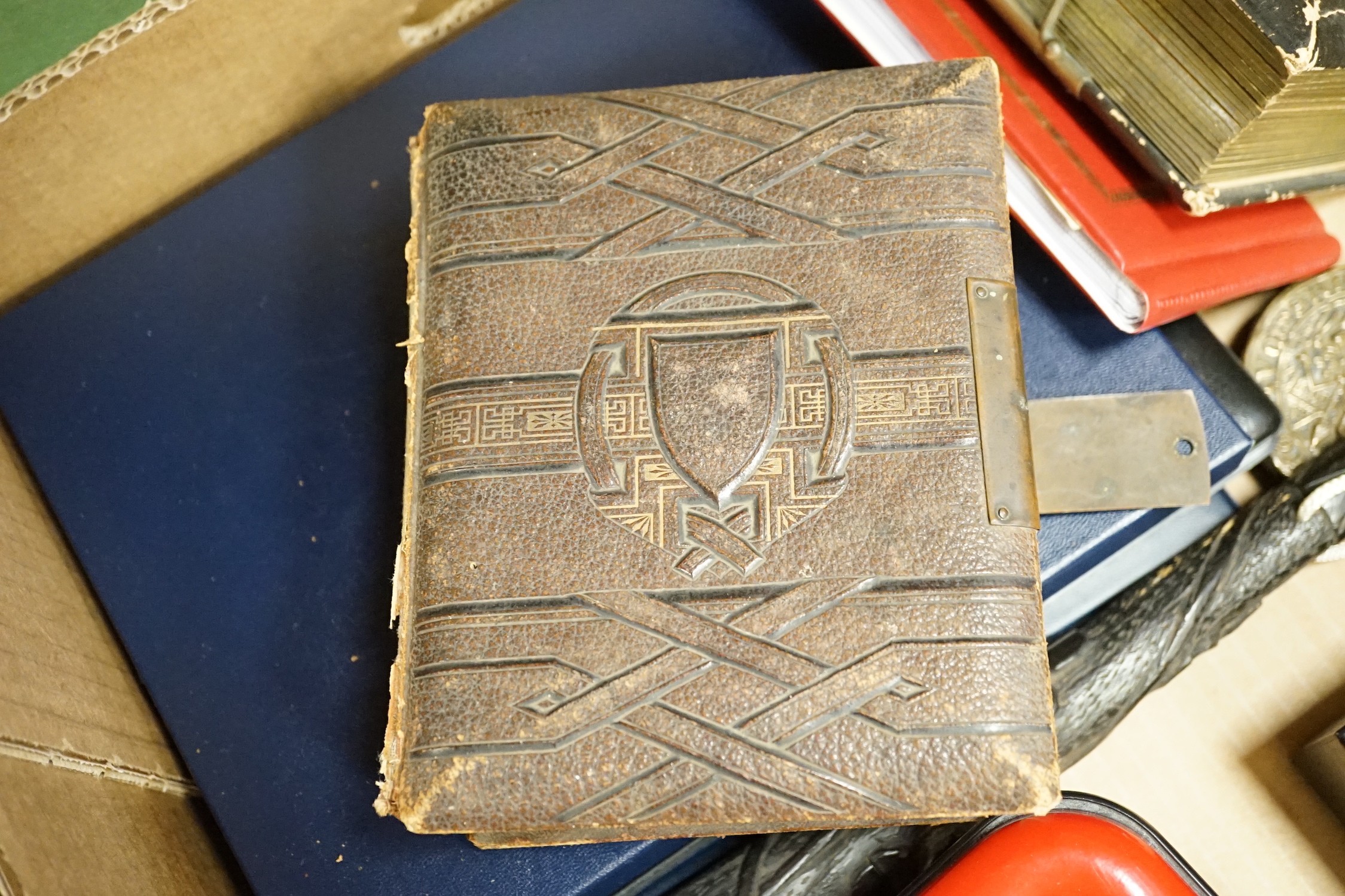 Irish bog oak truncheon, two Victorian photograph albums, coins, etc.